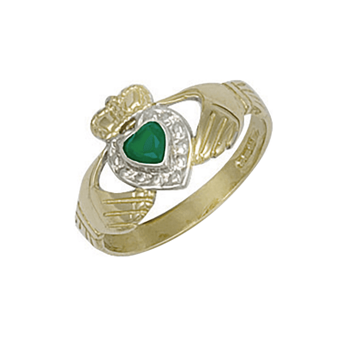 Eternity 9ct Yellow Gold Green Cubic Zirconia Claddagh Ring Size M