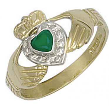 9ct Yellow Gold Green Cubic Zirconia Claddagh Ring Size M