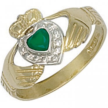 9ct Yellow Gold Green Cubic Zirconia Claddagh Ring Size N