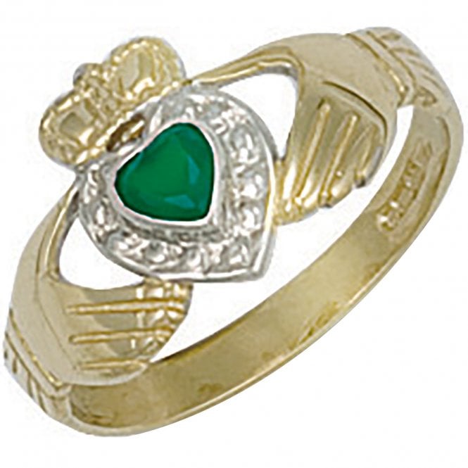 Eternity 9ct Yellow Gold Green Cubic Zirconia Claddagh Ring Size P