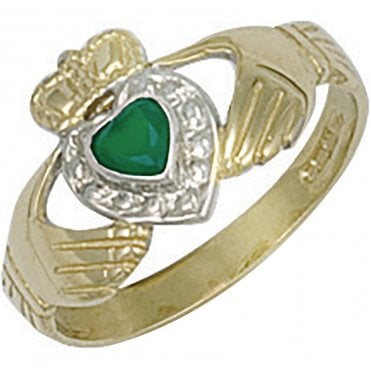 9ct Yellow Gold Green Cubic Zirconia Claddagh Ring Size R