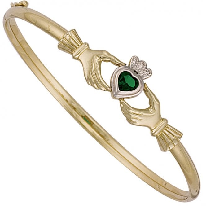 Eternity 9ct Yellow Gold Green Stone Claddagh Bangle