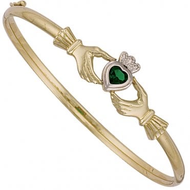 9ct Yellow Gold Green Stone Claddagh Bangle