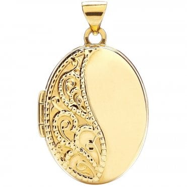 9ct Yellow Gold Medium Half Engraved Oval Locket & 16" Chain