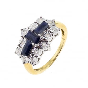 9ct Yellow Gold Sapphire and Diamond Boat Cluster Ring