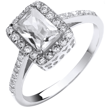 Ladies 9ct White Gold Emerald Cut Cubic Zirconia Halo Ring Size Q