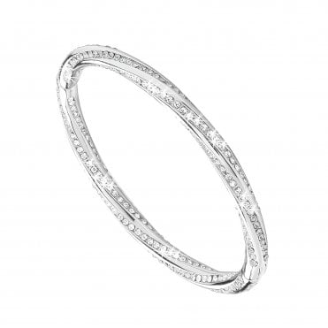 Ladies Rhodium Plated Oval Crystal Twist Bangle