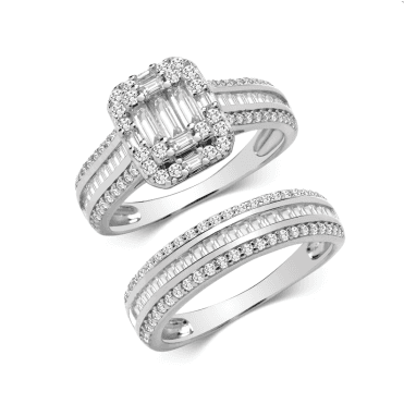 Ladies Sterling Silver Cubic Zirconia Baguette Bridal Set Size M