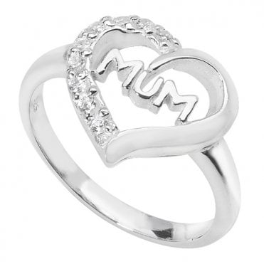 Ladies Sterling Silver Cubic Zirconia Mum Heart Ring Size P
