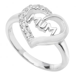 Ladies Sterling Silver Cubic Zirconia Mum Heart Ring Size Q