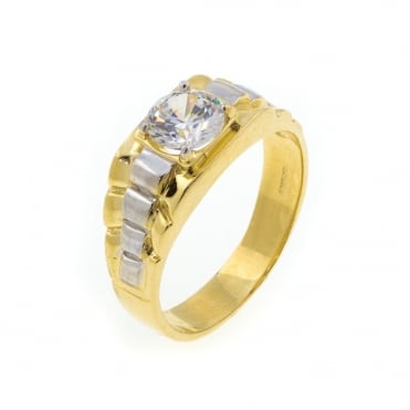Mens 9ct 2 Colour Gold Cubic Zirconia Ring Size R
