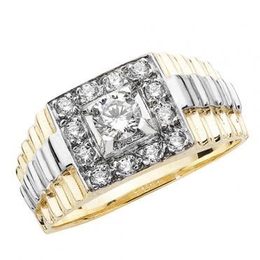 Mens 9ct 2 Colour Gold Square 13 Cubic Zirconia Ring Size U