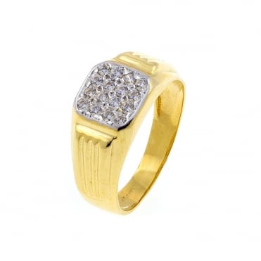 Mens 9ct Gold 16 Cubic Zirconia Cushion Shape Ring Size U