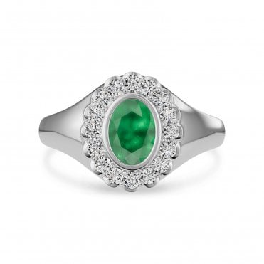 Platinum Oval & Emerald Halo Cluster Lab Diamond Ring 0.27 Carats