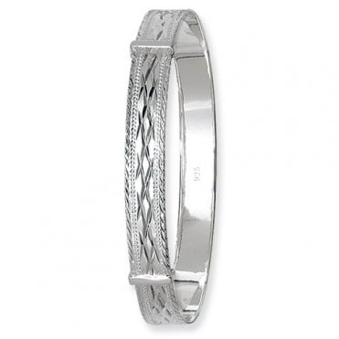 Silver Ladies Broad Diamond Cut Patterned  Expanding Bangle