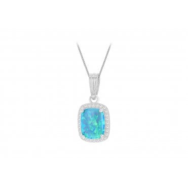 Silver Ladies Rectangular Synthetic Turquoise Opal Pendant & Chain
