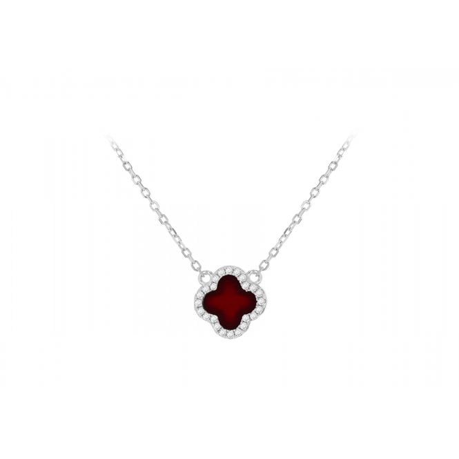 Eternity Silver Red Agate Cubic Zirconia Clover Necklace