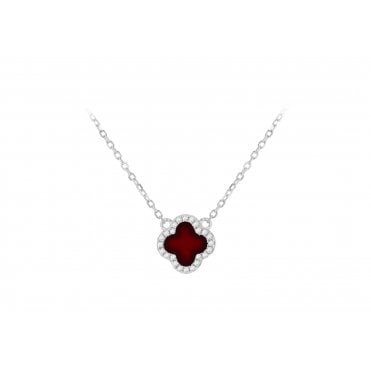 Silver Red Agate Cubic Zirconia Clover Necklace