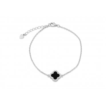 Sterling Silver Black Agate & Cubic Zirconia Clover Bracelet
