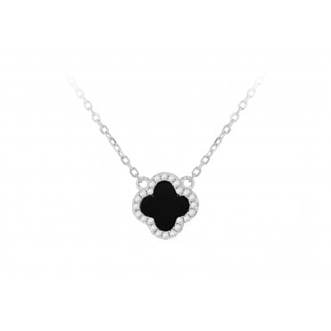 Sterling Silver Black Agate & Cubic Zirconia Clover Necklace