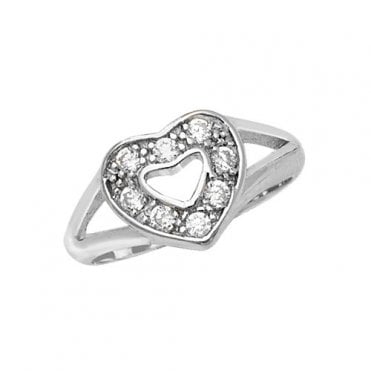 Sterling Silver Childrens Cubic Zirconia Open Heart Ring Size B