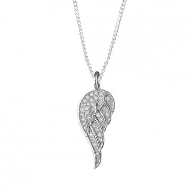 Sterling Silver Cubic Zirconia Angel Wing Pendant and 18'' Rhodium Plated Chain