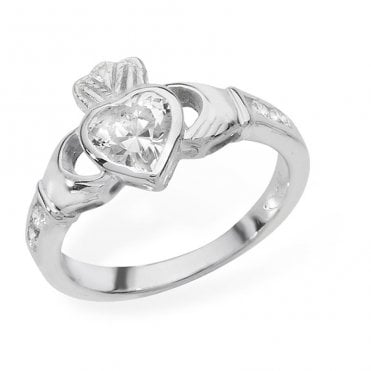 Sterling Silver Cubic Zirconia April Claddagh Ring Size R