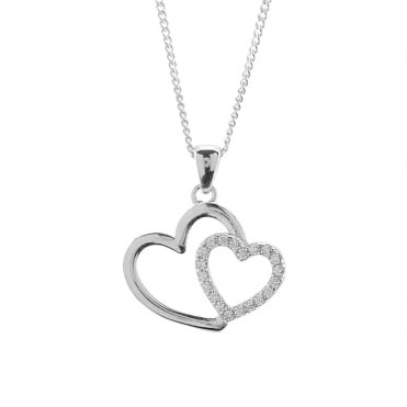 Sterling Silver Cubic Zirconia Double Heart Pendant and 18'' Chain