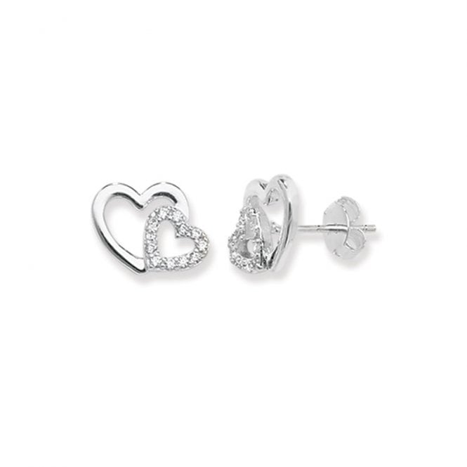 Eternity Sterling Silver Cubic Zirconia Double Heart Stud Earrings