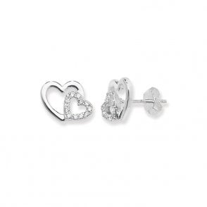 Sterling Silver Cubic Zirconia Double Heart Stud Earrings