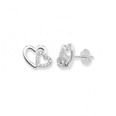 Sterling Silver Cubic Zirconia Double Heart Stud Earrings