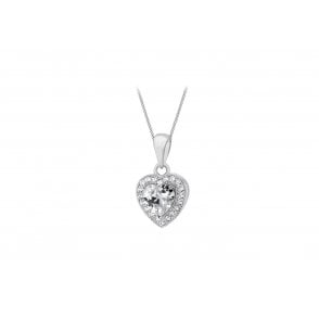 Sterling Silver Cubic Zirconia Heart Halo Pendant and 18" Chain