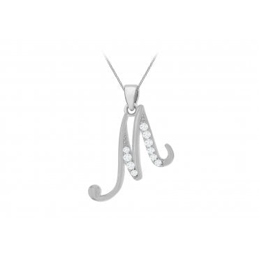 Sterling Silver Cubic Zirconia Initial 'M' Pendant & 18'' Chain
