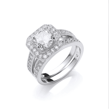Sterling Silver Cushion Cubic Zirconia Halo Bridal Set Size N