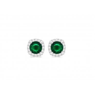 Sterling Silver Cushion Green Cubic Zirconia Cluster Stud Earrings