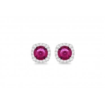 Sterling Silver Cushion Red Cubic Zirconia Cluster Stud Earrings