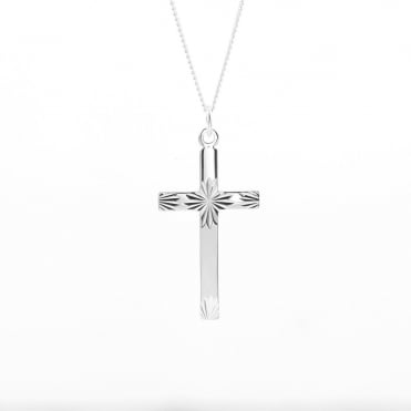 Sterling Silver Diamond Cut Cross Pendant and 18'' Chain