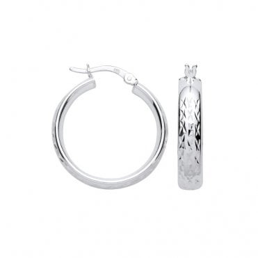 Sterling Silver Diamond Cut D-Shape 20mm Hoop Earrings