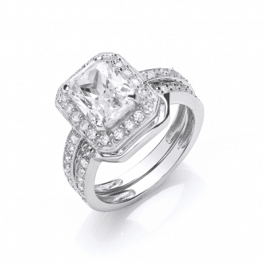 Sterling Silver Emerald Cut Cubic Zirconia Halo Bridal Set Size O