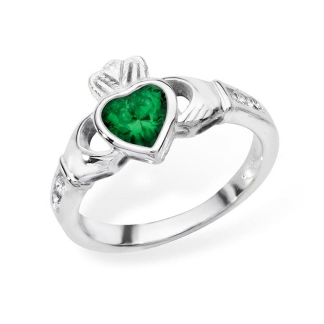 Eternity Sterling Silver Emerald May Claddagh Ring Size P