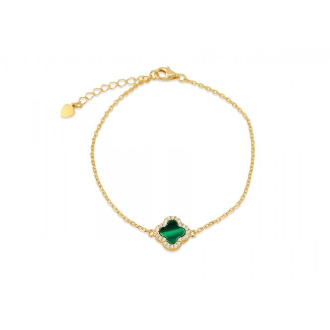 Eternity Sterling Silver Gold Plated Malachite Cubic Zirconia Clover Bracelet
