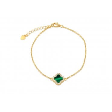 Sterling Silver Gold Plated Malachite Cubic Zirconia Clover Bracelet