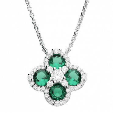 Sterling Silver Green Cubic Zirconia 4 Leaf Clover Necklace