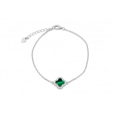 Sterling Silver Green Malachite & Cubic Zirconia Clover Bracelet