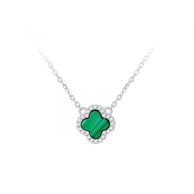 Eternity Sterling Silver Green Malachite & Cubic Zirconia Clover Necklace