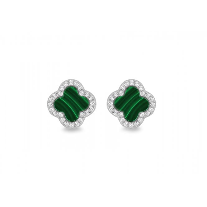 Eternity Sterling Silver Green Malachite & Cubic Zirconia Clover Stud Earrings