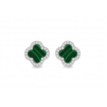 Sterling Silver Green Malachite & Cubic Zirconia Clover Stud Earrings