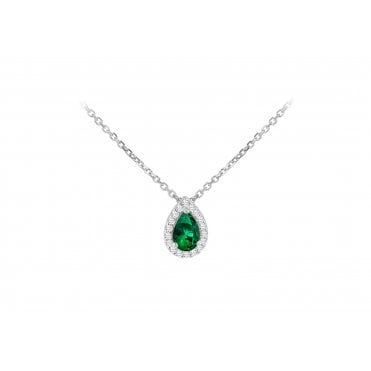 Sterling Silver Green Pear Cubic Zirconia Halo Pendant & 18" Chain