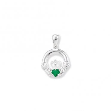 Sterling Silver Green Stone Claddagh Pendant & 18" Chain