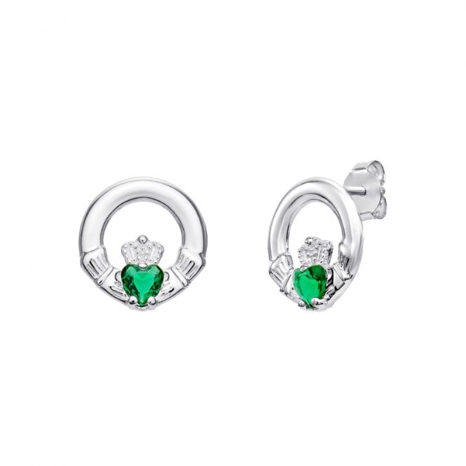 Eternity Sterling Silver Green Stone Claddagh Stud Earrings